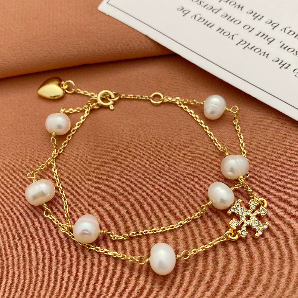 Tory Burch Rhinestone Letter Pearl Metal Double Layer Bracelet